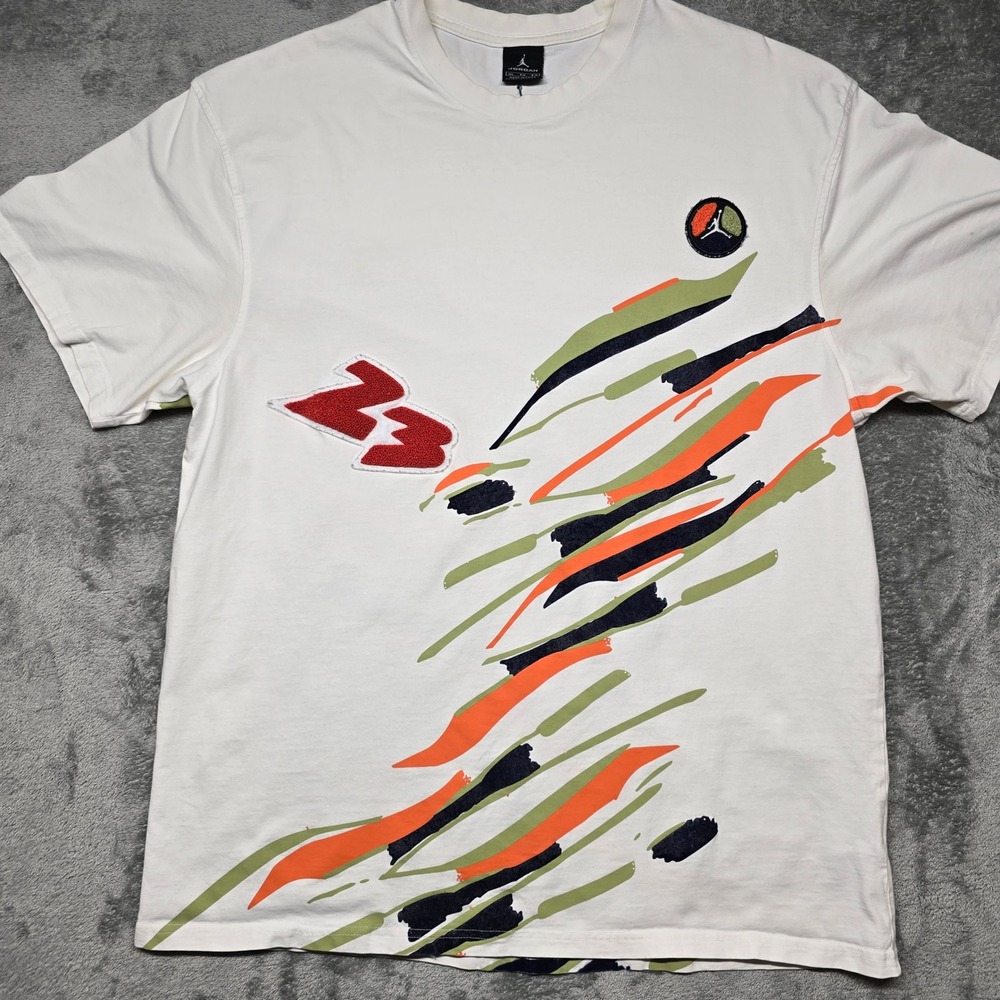 Vintage Jordan Brushstroke Graphic T-Shirt Mens XL White 23 Patch Jumpman‎ Logo